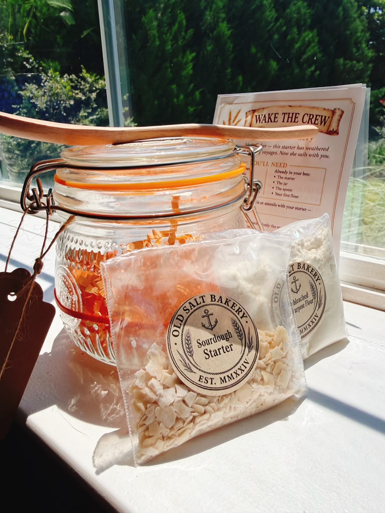 Old Salt Bakery dehydrated sourdough starter kit — jar, flour packet, spoon