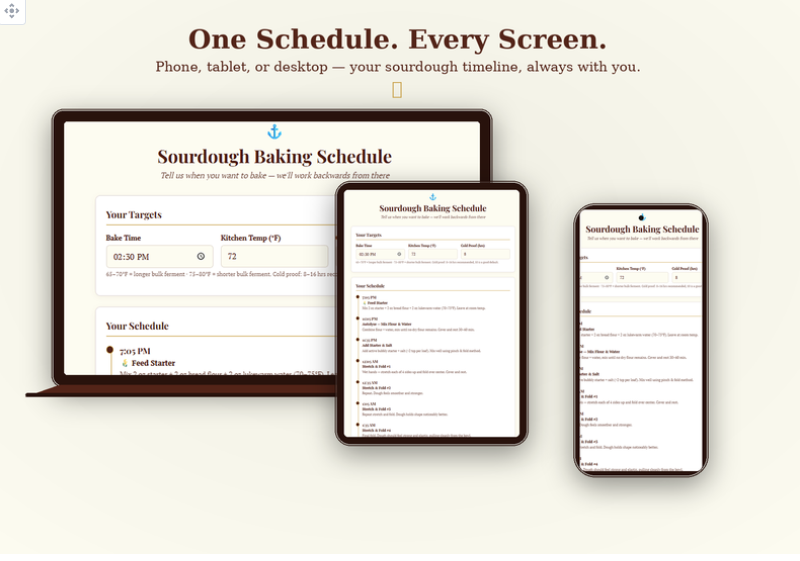 Sourdough Baking Schedule shown on laptop, tablet, and phone