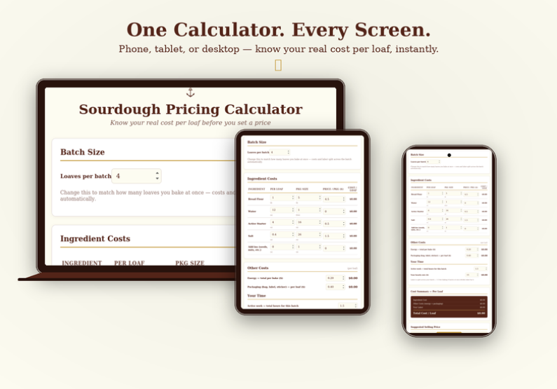 Sourdough Pricing Calculator shown on laptop, tablet, and phone